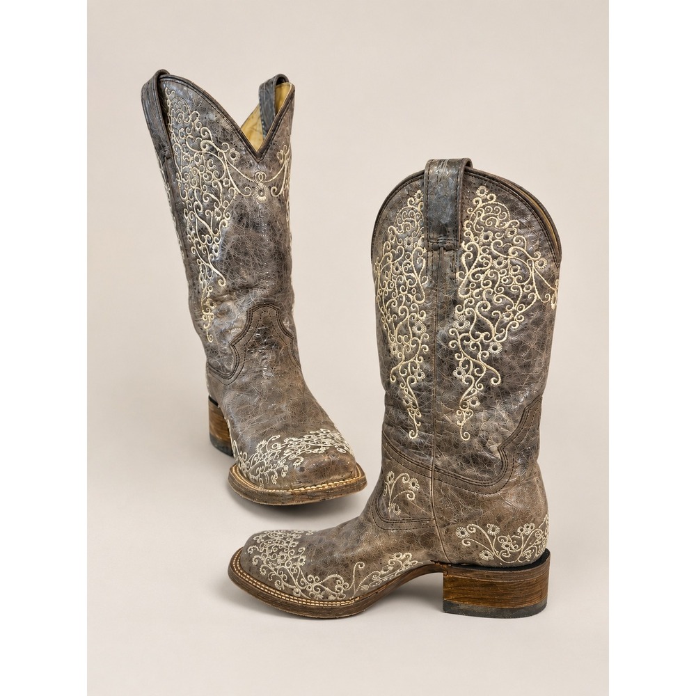 Corral Embroidered Cowboy Boots 8.5 Brown Leather Square Toe Western Boho Rodeo